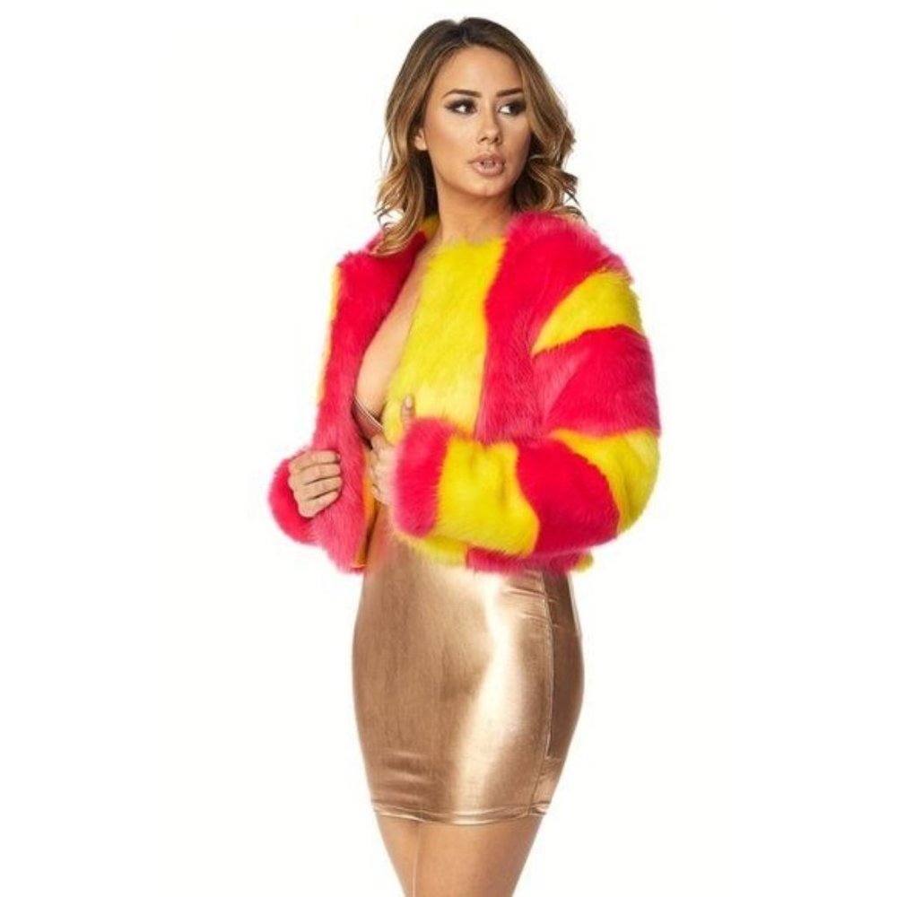 Callie Lives Stasia Striped: Pink & Yellow Faux Fur Blazer Medium